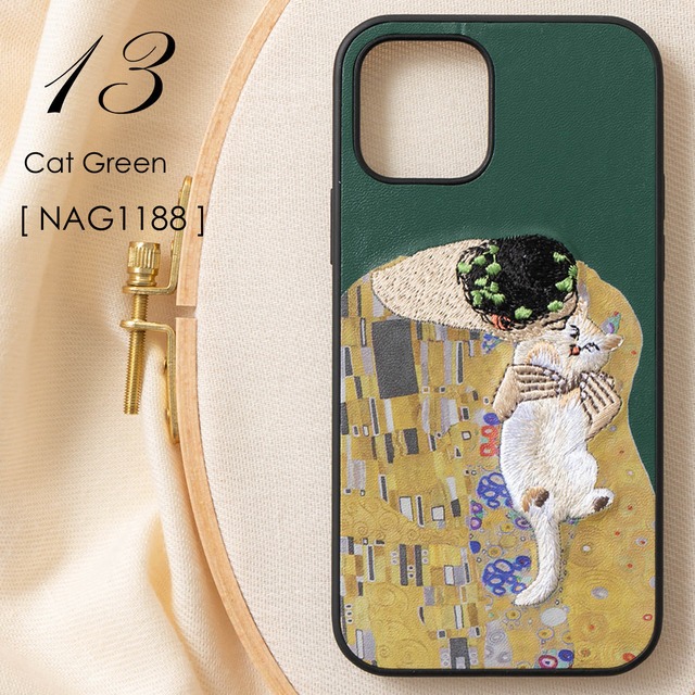 立体刺繍スマホケース iPhone PUレザー 13.Cat Green