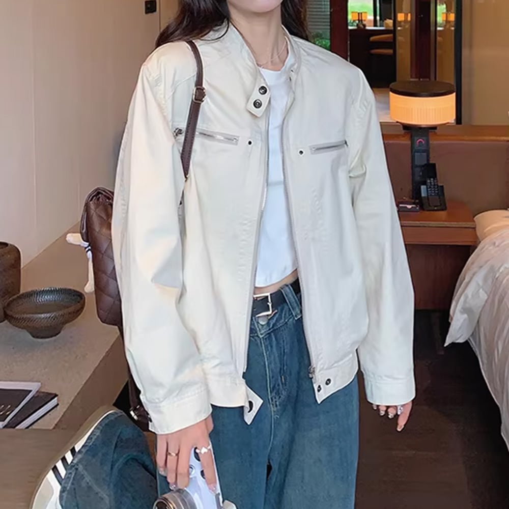 【送料無料】 ジャケット ブルゾン レディース 春秋 韓国 ライトアウター 大人 きれいめ シンプル カジュアル ライトアウター スタンドカラー ナチュラル ゆったり 体型カバー 大人可愛い 大人女子