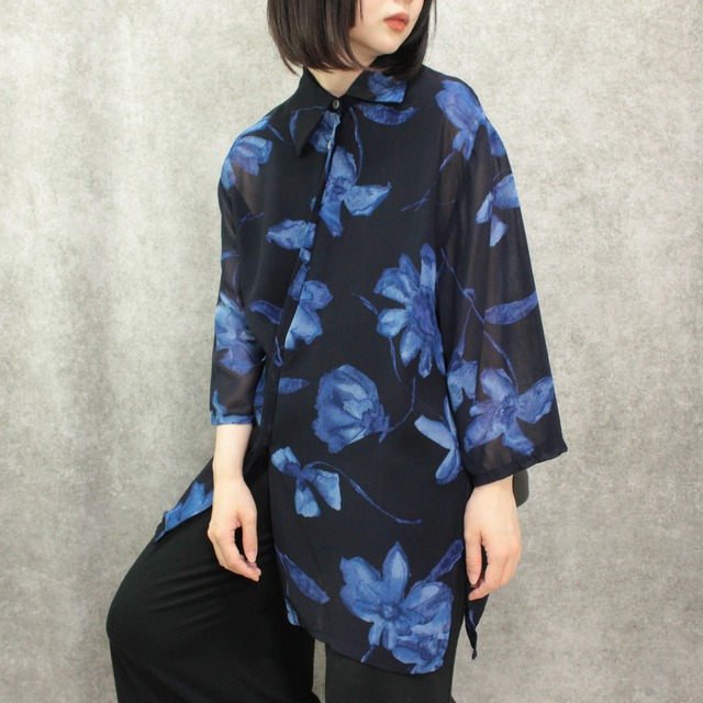 Blue flower see-through design shirt