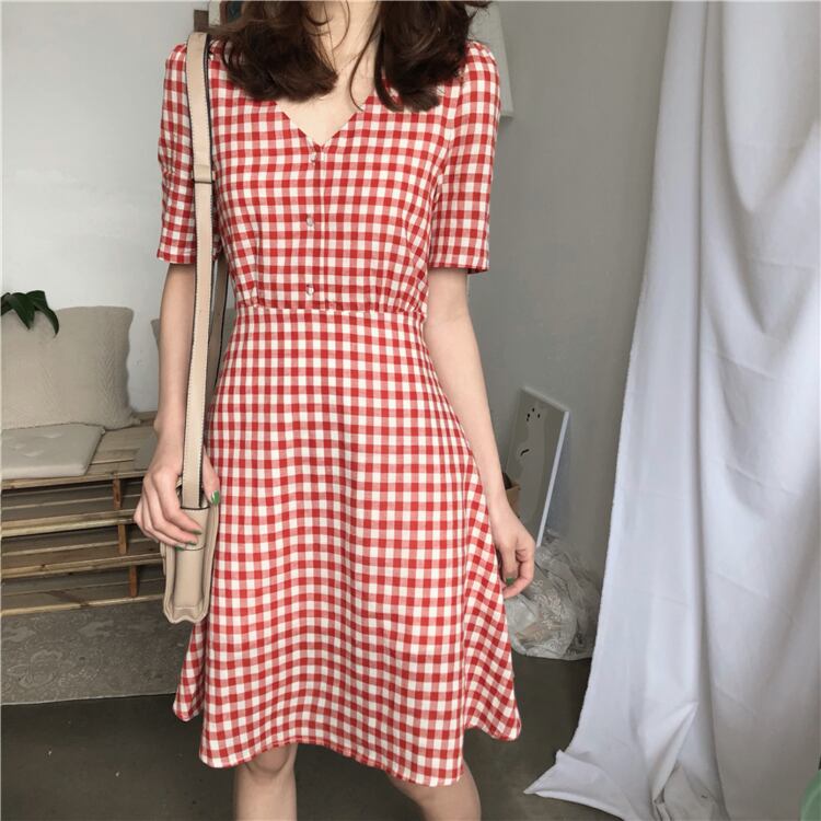レトロ チェック柄 ドレス 夏 Aラインスカート 韓国 赤 黄 Aライン 半袖 ミニスカート ワンピース 街角のカフェテラス