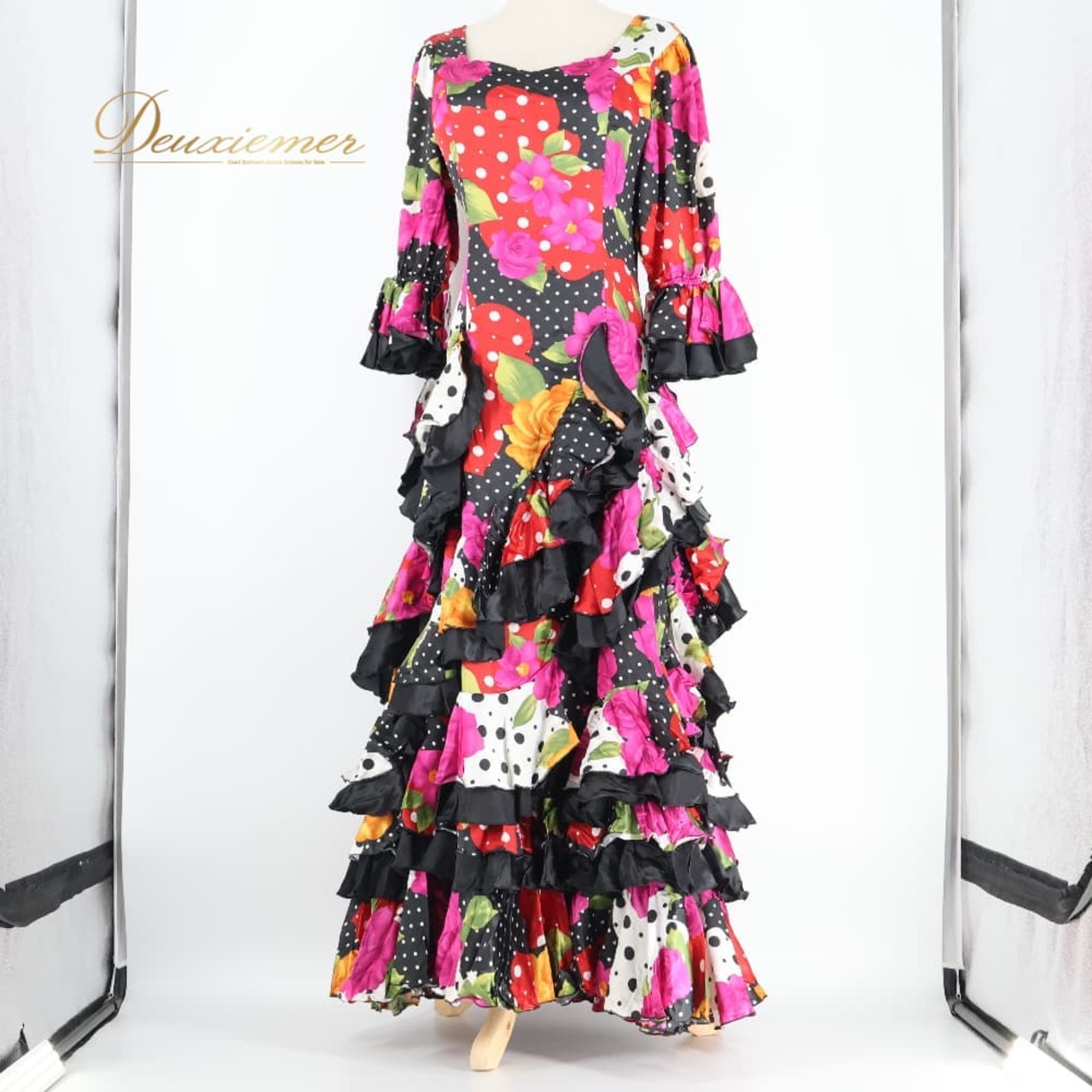 フラメンコ 衣装 prima boutique プリマブティック ドレス ワンピース ブラック系 ピンク系 レッド系 黒 ピンク 赤 紫 光沢 ボランテ フリル ダンス パーティ 発表会 水玉 花柄 総柄 模様 舞台衣装 ダンス衣装