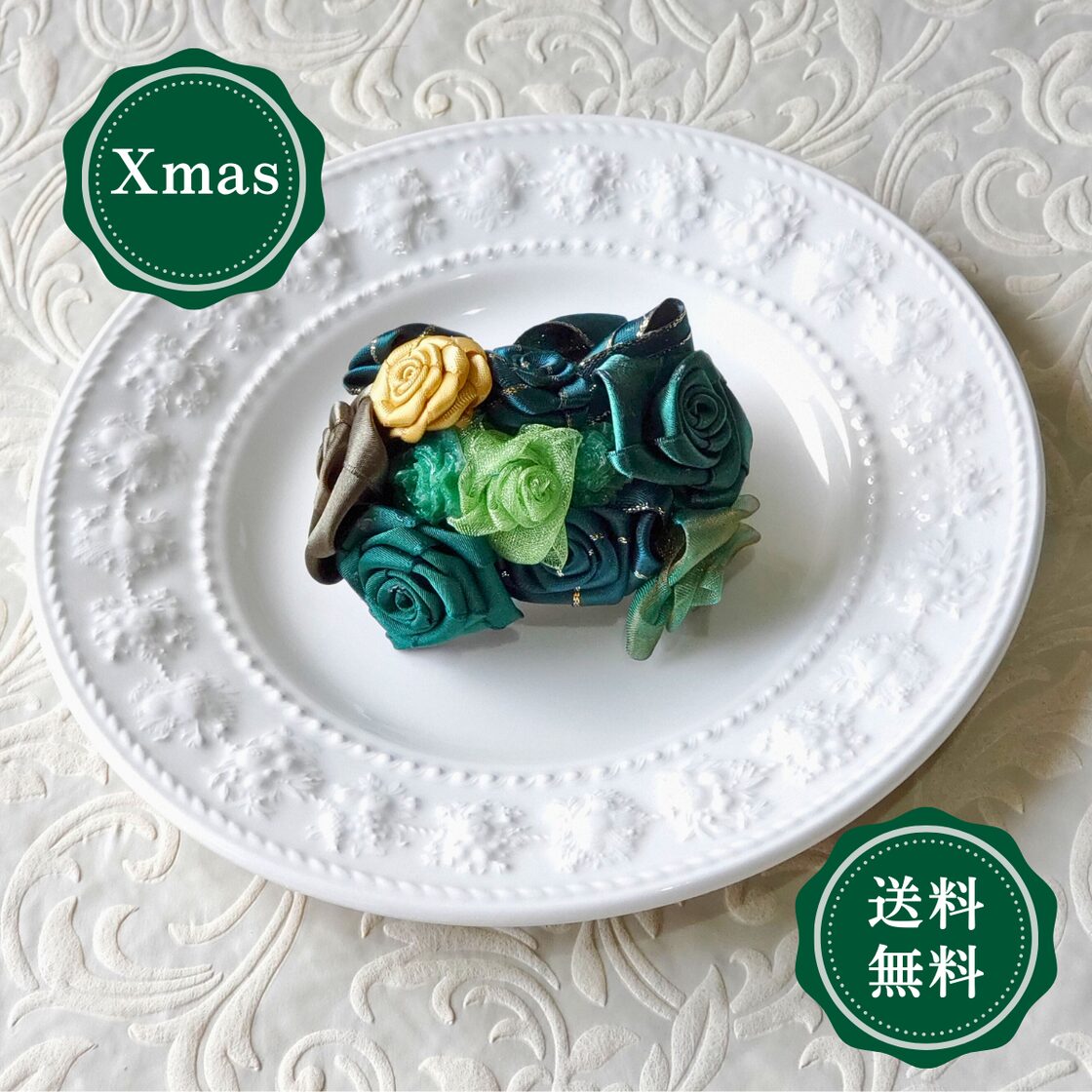 コサージュ ブローチ 薔薇 ローズリボン 巻きバラ クリスマス 