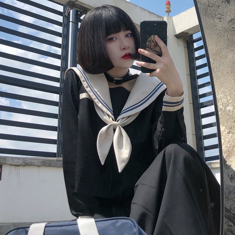 サブカル 服 地雷系 通販 花見森 オリジナル セットアップ JK制服 セーラー服 ブルーライン 長袖 ロング丈 プリーツスカート 学園 クール 闇かわいい