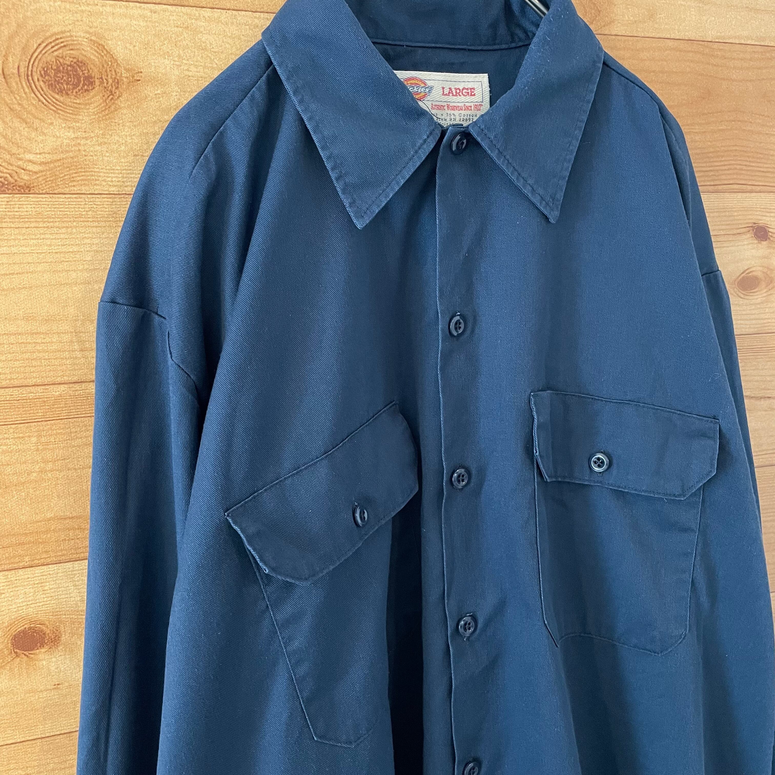 Dickies】ワークシャツ 無地 ネイビー 長袖シャツ オーバーサイズ L