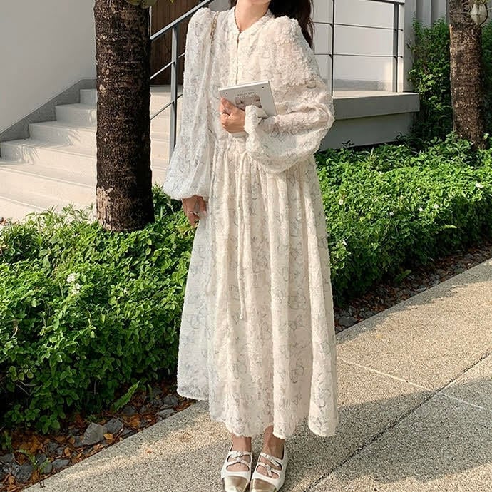 レディース ワンピース 長袖 ランタンスリーブ ロング丈 バタフライ 蝶 プリント Aライン ウエストリボン ルーズ きれいめ 上品 おしゃれ お洒落 シンプル カジュアル 大人可愛い レディース ワンピース 長袖 ランタンスリーブ ロング丈 バタフライ 蝶