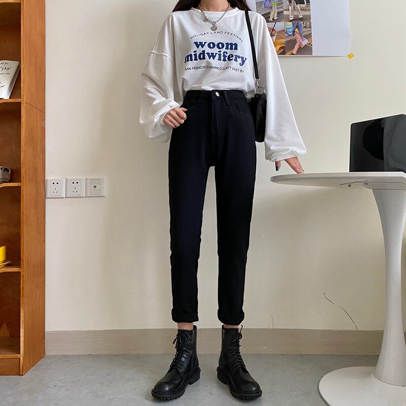 ハイウェストルーズジーンズ ブラックカジュアルパンツ 1号婦人31006307655