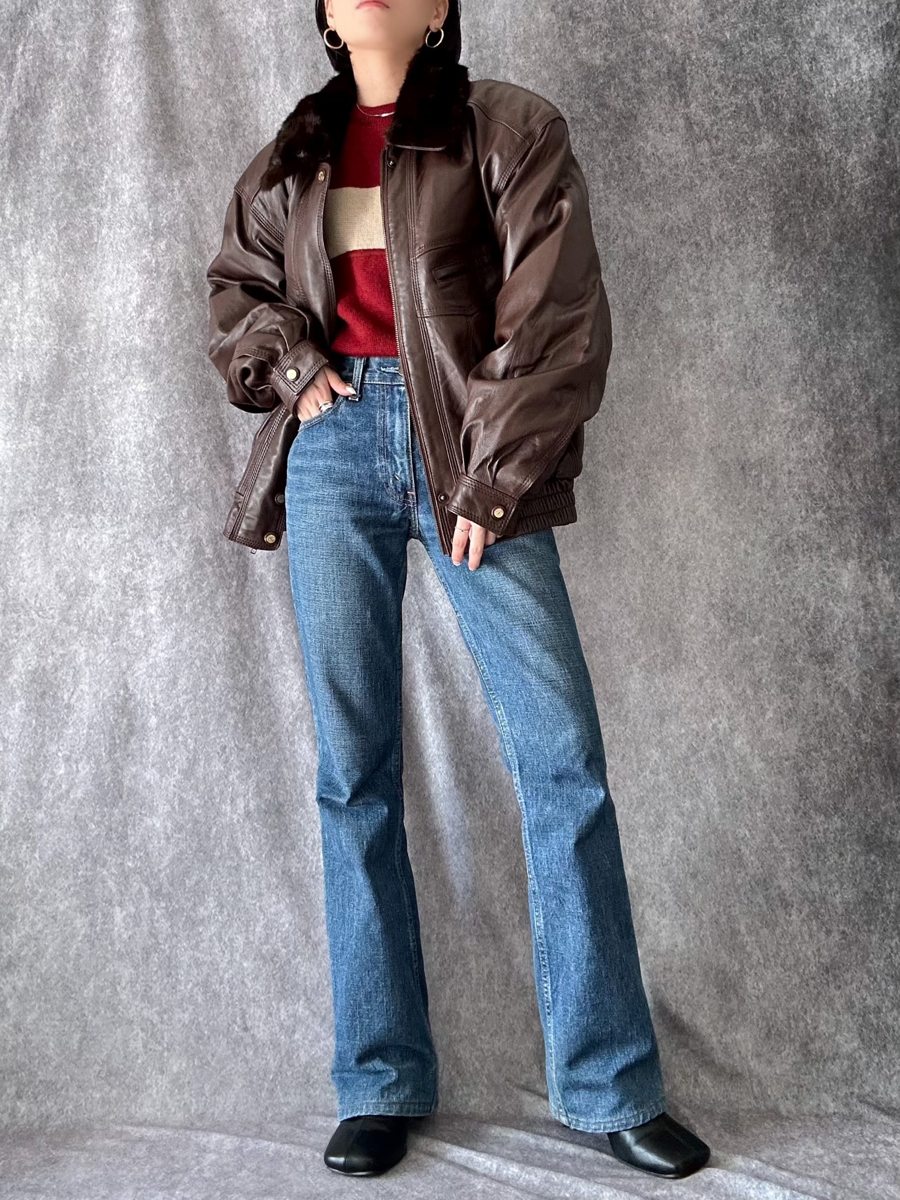 80s perfetto far neck leather jacket 80年代 ファー 本革 レザー
