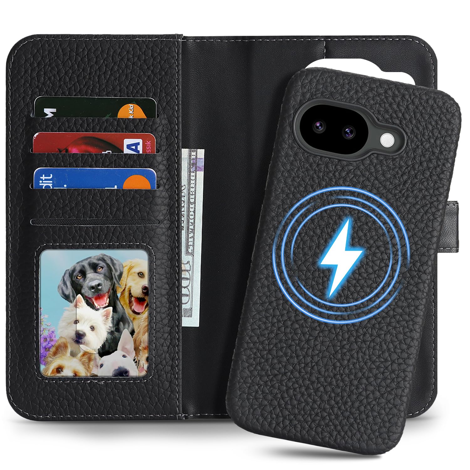 East Clear 分離式 本革ケース for Google Pixel 9a 手帳型ケース for Pixel9a 携帯カバー レザー MagSafe対応 2in1 取り外し自由 両用2way 小銭入れ札入れ カード収納 耐衝撃 耐摩擦 全面保護 マグネット式 スタンド機能 for グーグル ピクセル9a-ブラック