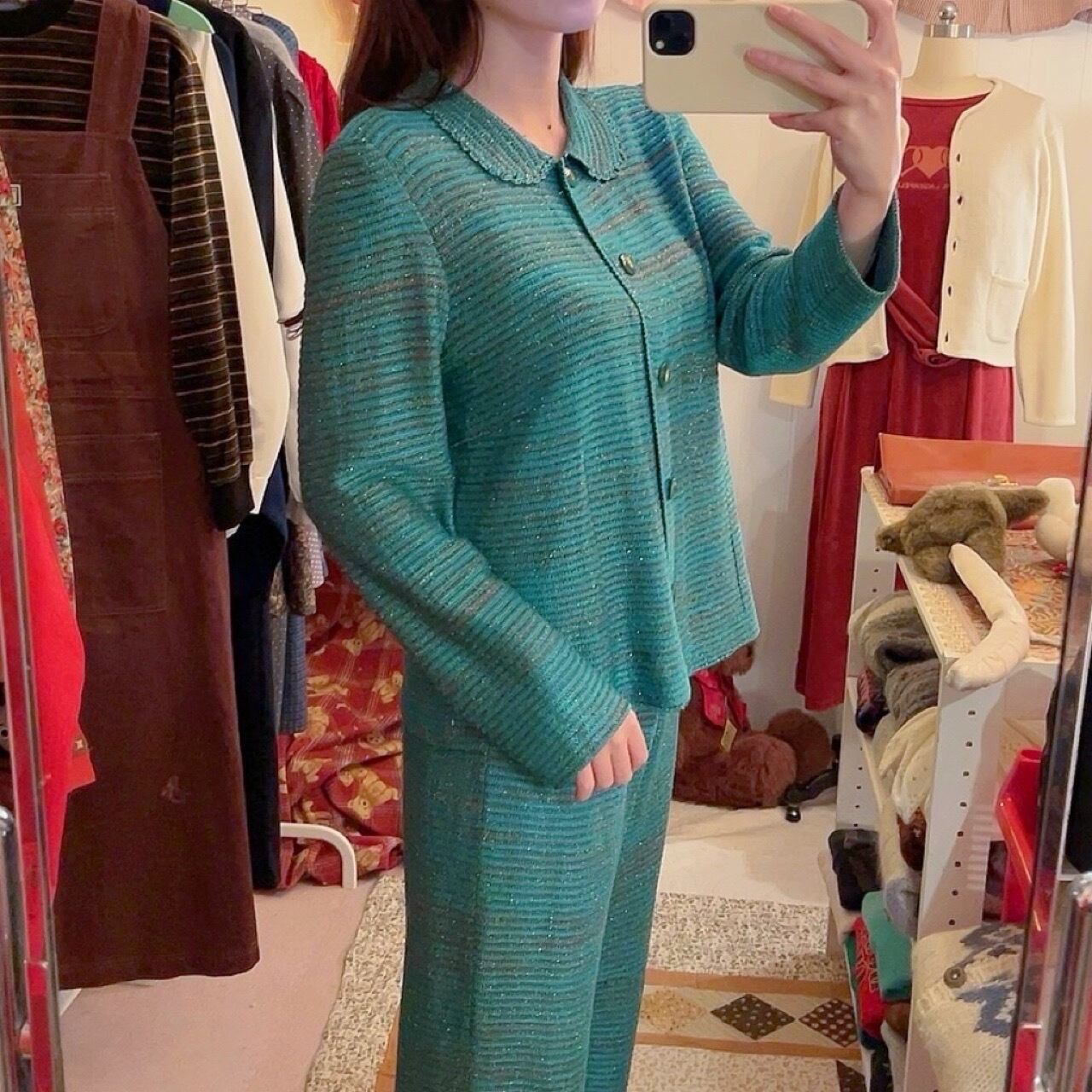 green lame knit set up