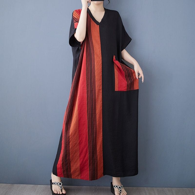 PRINT V-NECK HALF SLEEVES MAXI PULLOVER DRESS 1color M-13050