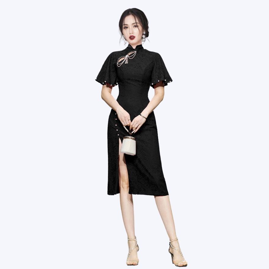 サブカル 服 地雷系 通販 チャイナドレス 半袖 スタンドカラー スリット入り レトロ 大人ゴシック きれいめ フェミニン お呼ばれ 女子会