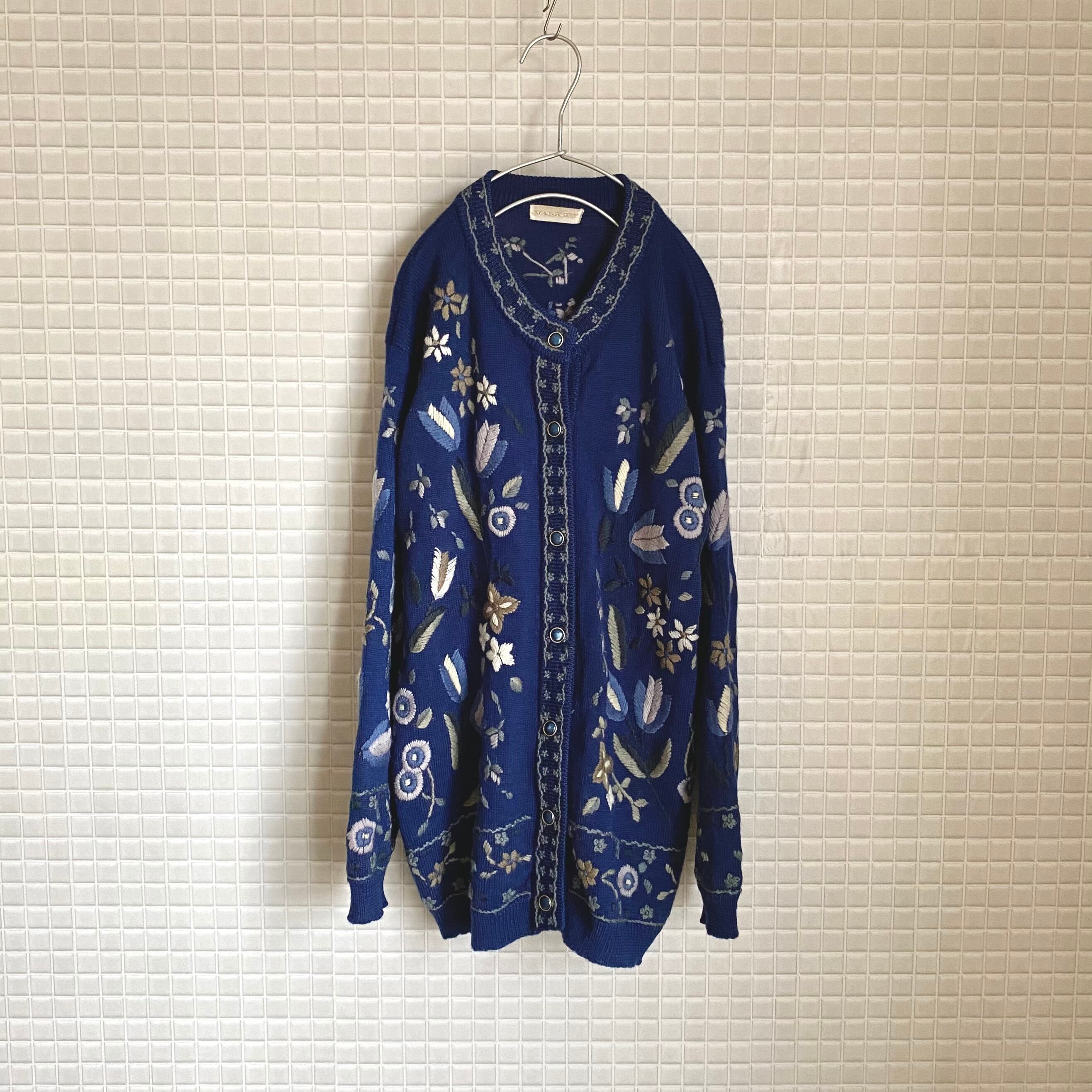 Vintage 80s retro botanical embroidery knit cardigan レトロ ...