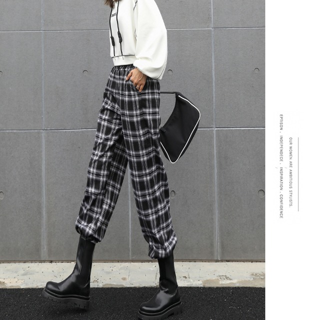 パンツ チェック柄 レトロ ハイウエスト ウエストゴム 裾紐 病みかわいい ストリート系 大人きれいめ モード服 シック オルチャン 原宿系 10代 代 天使と悪魔 サブカル系ファッション Seasonz