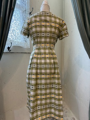 50s "Korell" green check × clover cotton dress