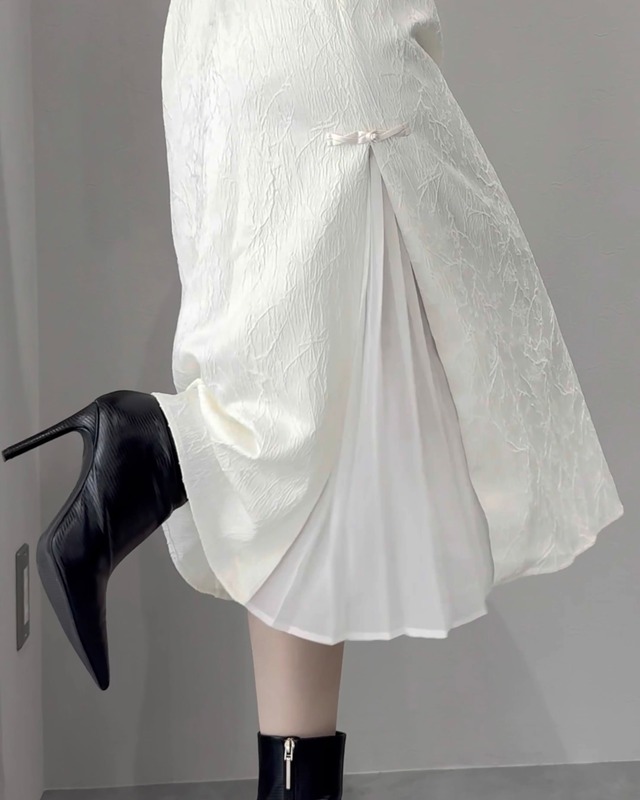 china side pleats jacquard long dress / white