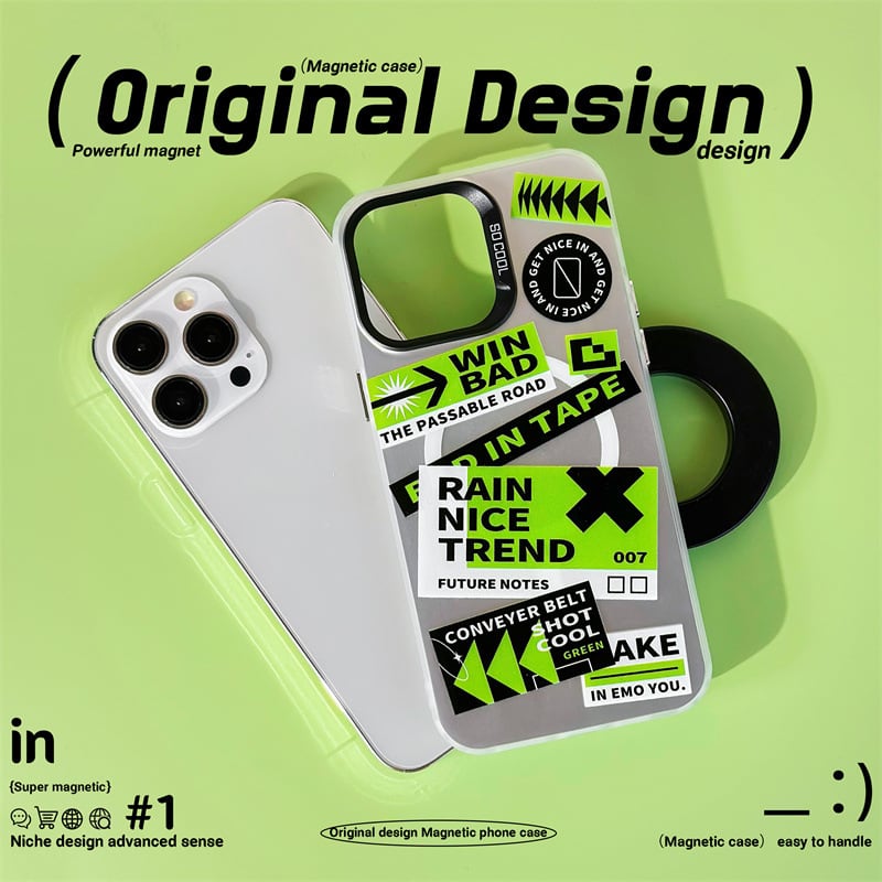 【MagSafe対応】これがトレンド◎かっこいい ステッカーデザイン マットオーロラ iPhone15 メンズ グリーン スマホケース ND-15485