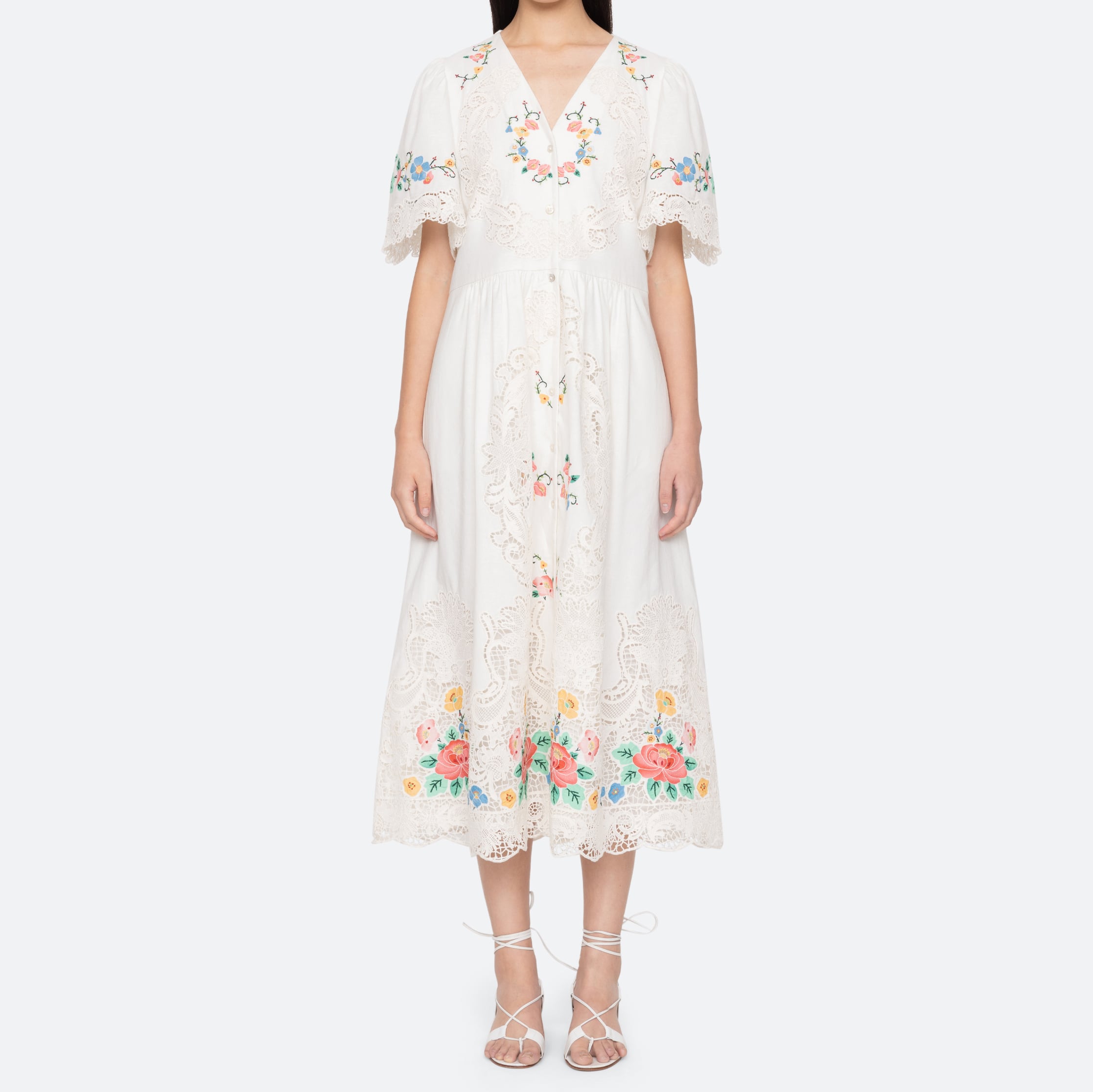 SEA NY ASTRID EMBROIDERY S/SLV MIDI DRESS MULTI