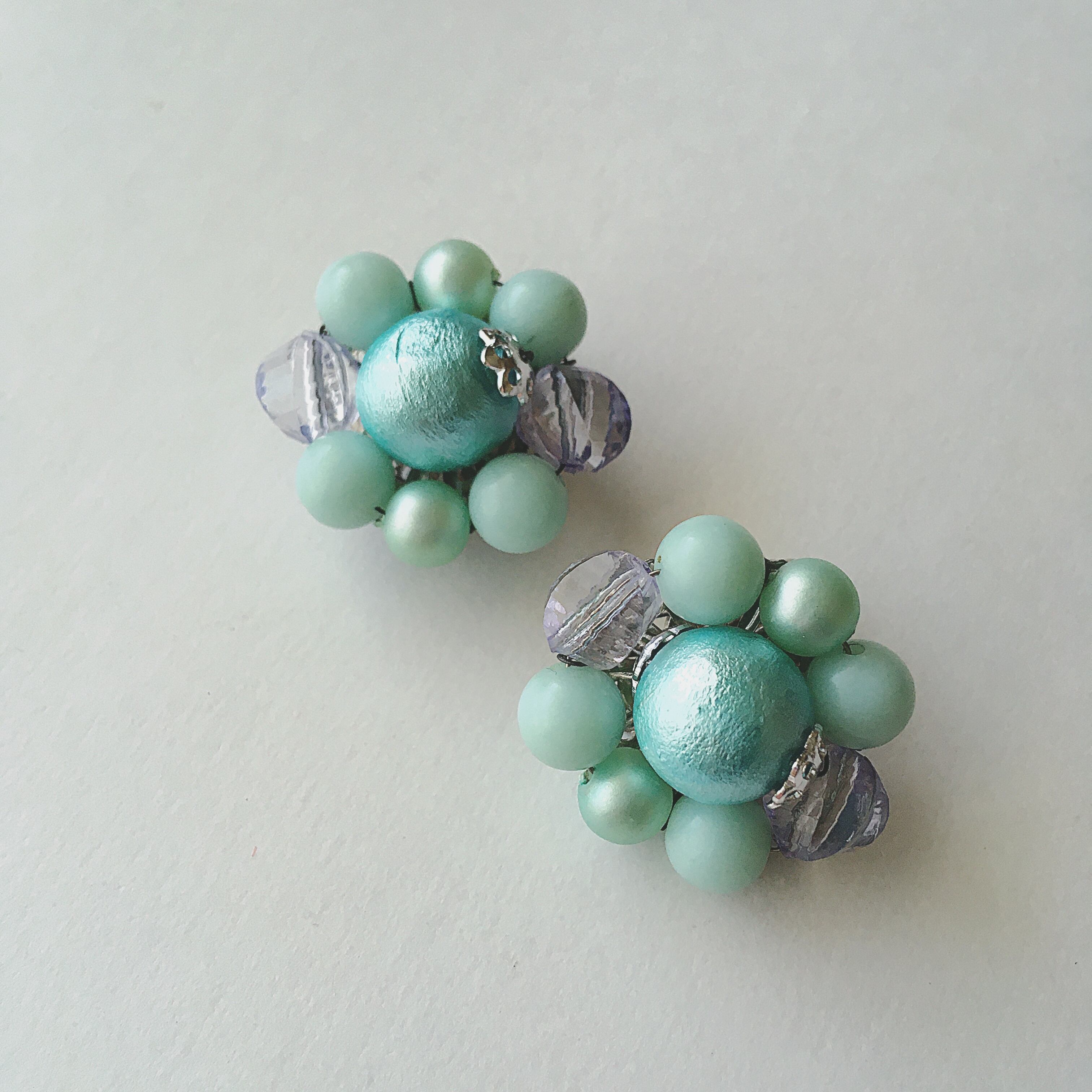 Vintage 50s - 60s Japan blue beads flower earrings ヴィンテージ 50