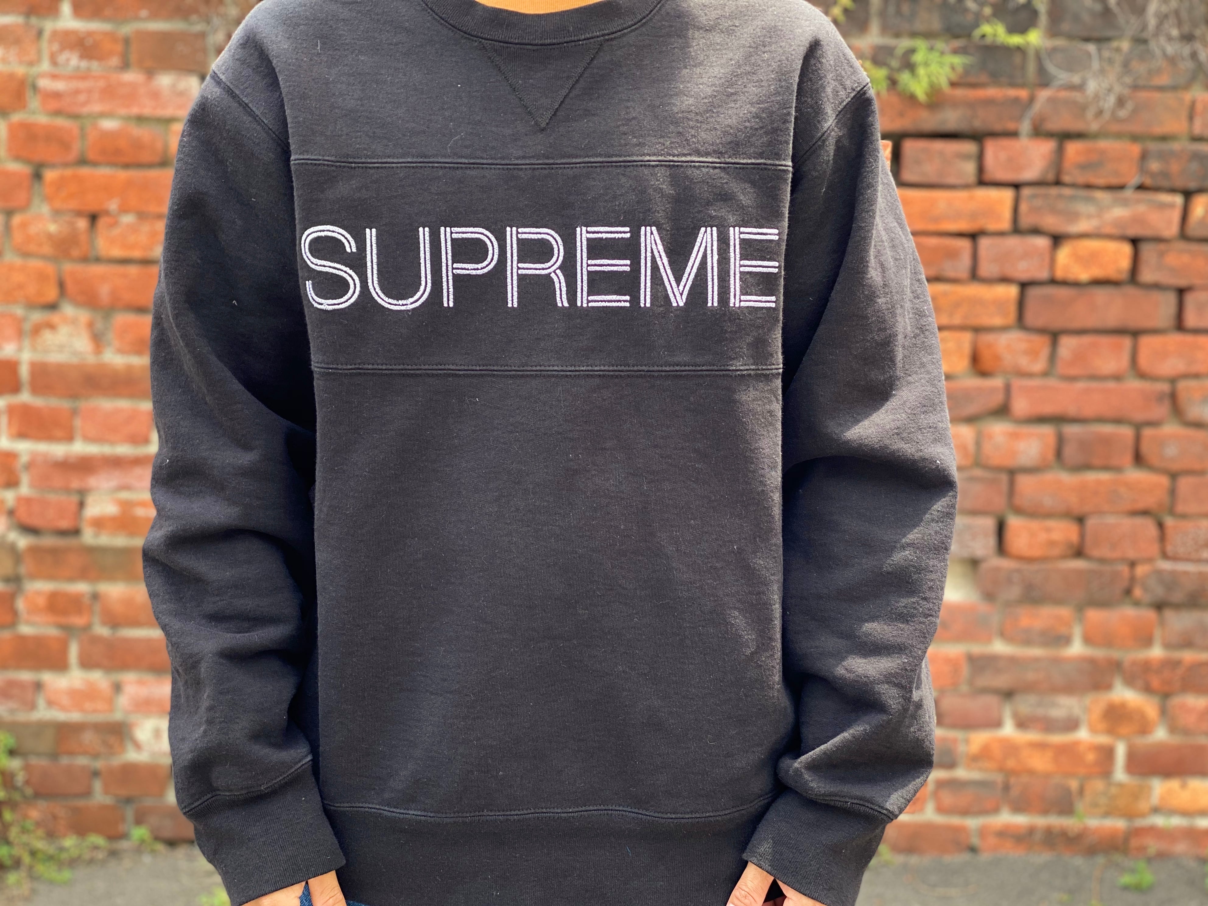 Supreme ZIG ZAG STITCH PANEL CREWNECK BLACK LARGE 70JE6395 | BRAND  