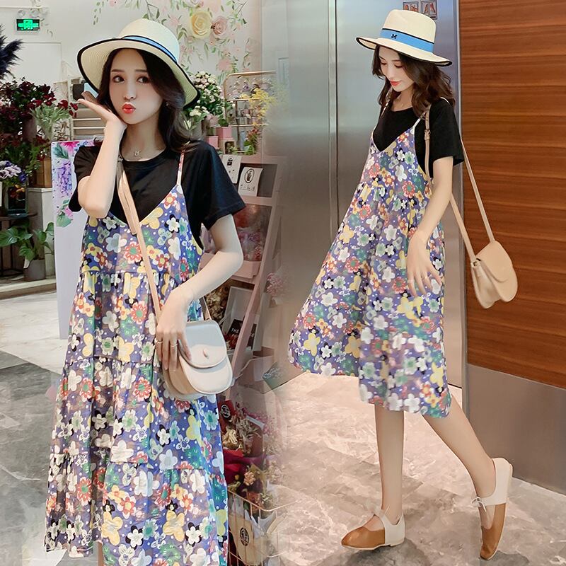 【新作】【送料無料】 マタニティウェア2020夏の新しい流行のマタニティドレスラウンドネックTシャツ+カラーミドル丈サスペンダースカート-アリババ サマー 夏物 Oネック expec284758564594