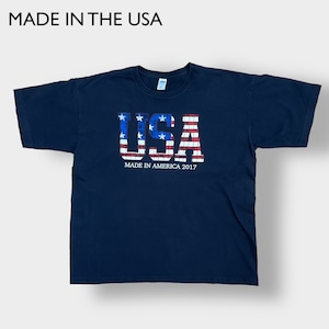 【MADE IN THE USA】USA製 XL ビッグサイズ 星条旗 USAロゴ プリント Tシャツ ネイビー 半袖 夏物 US古着