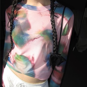 Abstract Pattern Mesh Long Sleeve Cropped Top 1color A0191