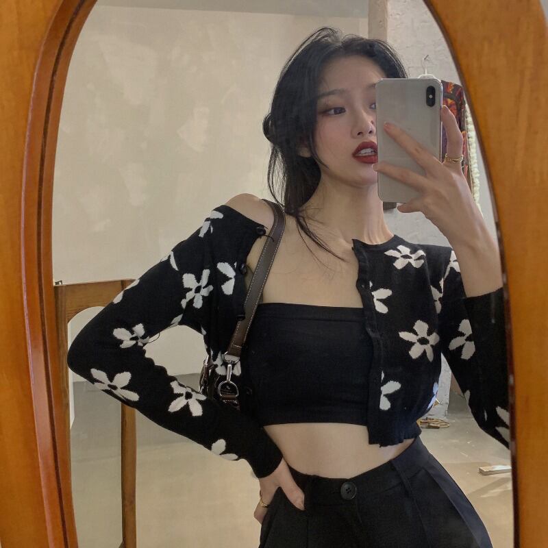 ジャカードショートニットカーディガントップレディース秋ニュースタイルブラックウエスタンスタイル長袖スリムフィットアウターセータージャケット ブラックストロベリース3599093432