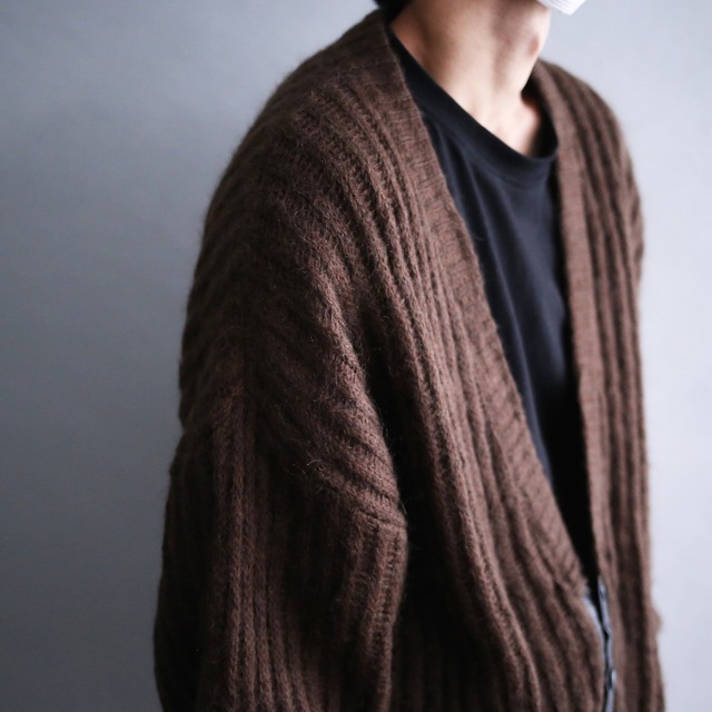 leather switching design over size knit cardigan