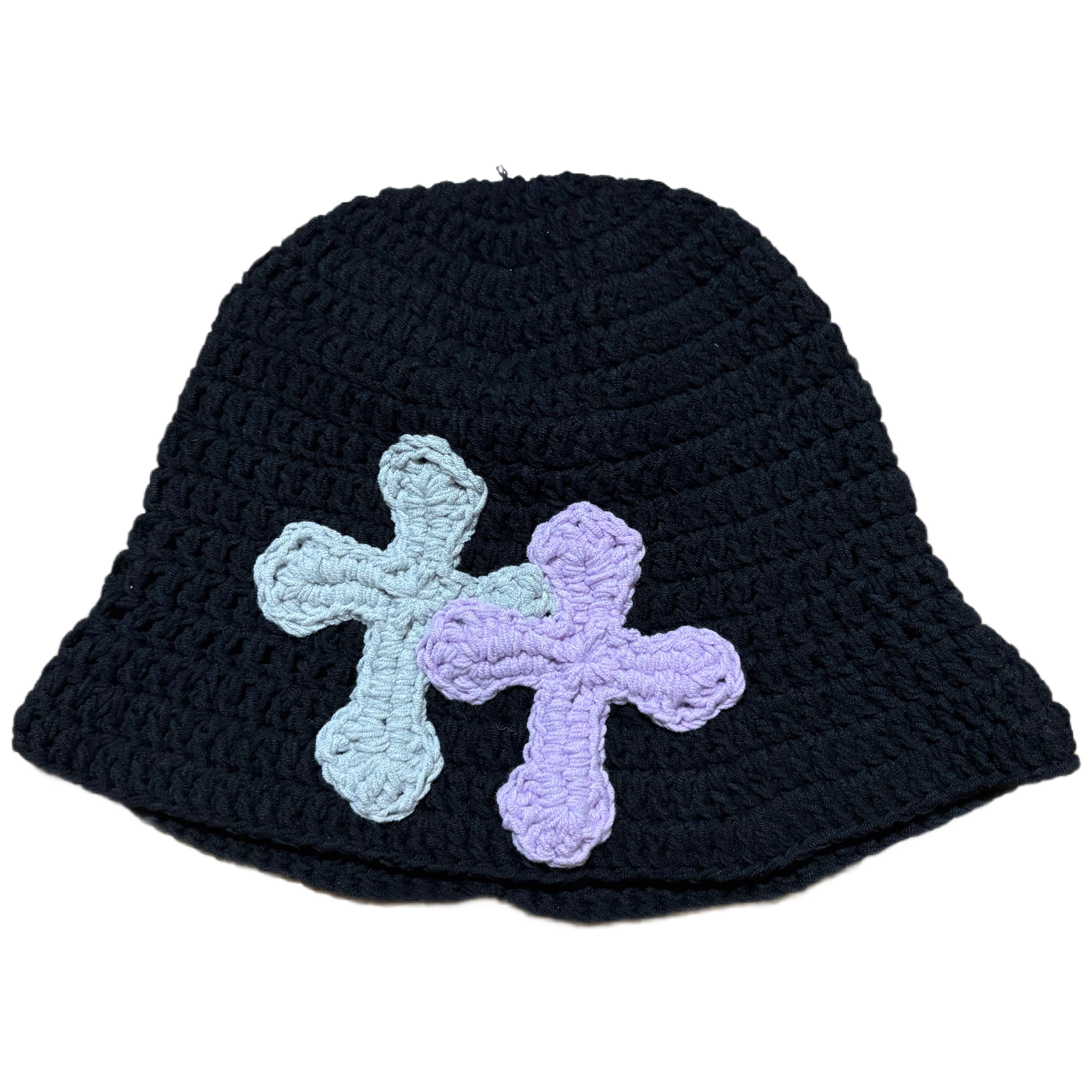 YARN クロスモチーフ 帽子 黒 NO.3122039】ハンドメイド クロシェハット グラニースクエア ハット