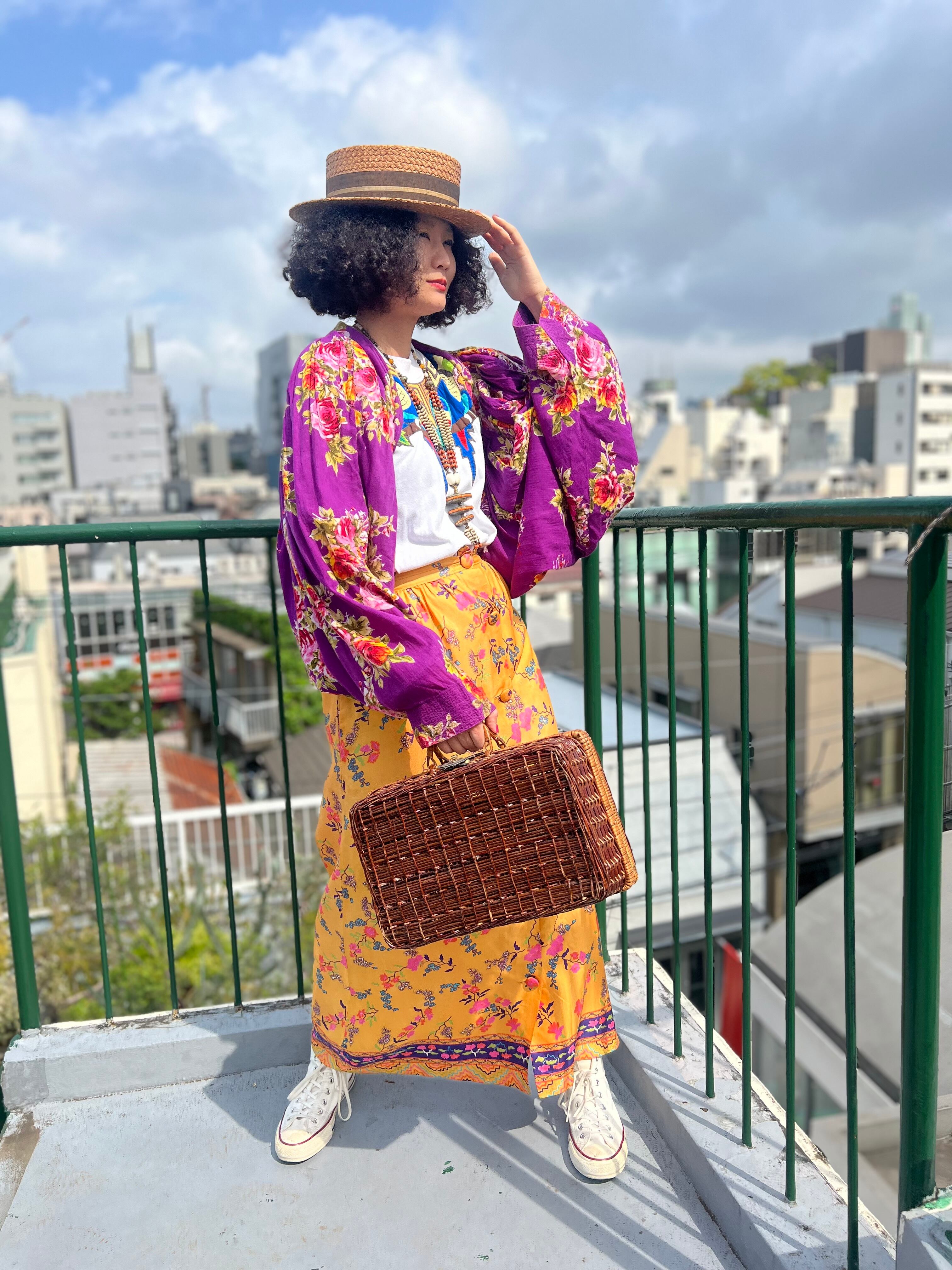 70s yellow × floral long skirt (ヴィンテージ イエロー × 花柄