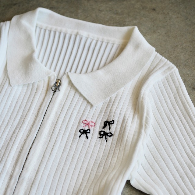 NEW REMAKE RIBBON EMBROIDERY DOUBLE ZIP RIB KNIT T-SHIRT