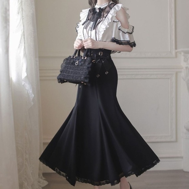 フラワーシースルー襟ロングスカートセットアップ：スカートver.A