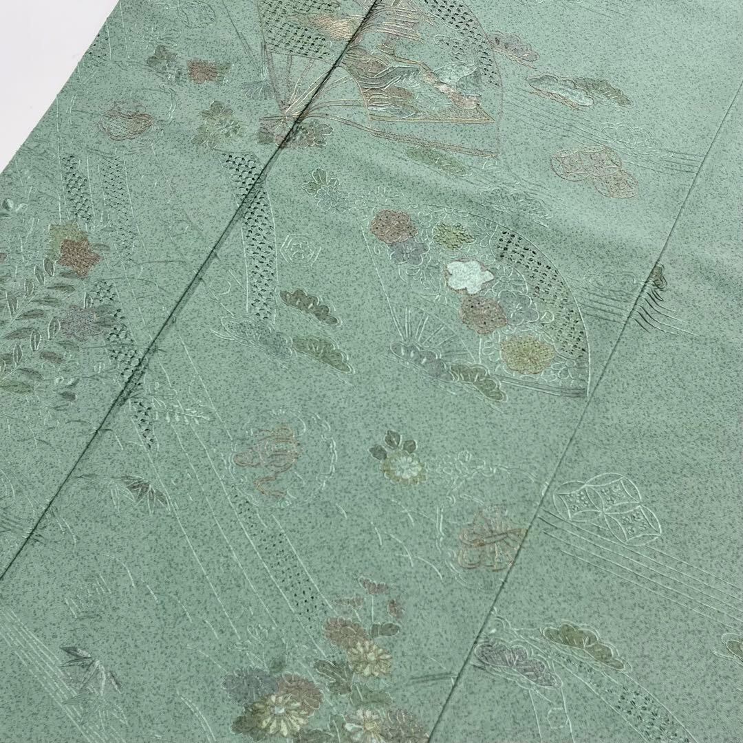 付下げ 中国総刺繍 扇に四季の花柄模様 雪輪に亀甲 金糸 錆青磁色 K  