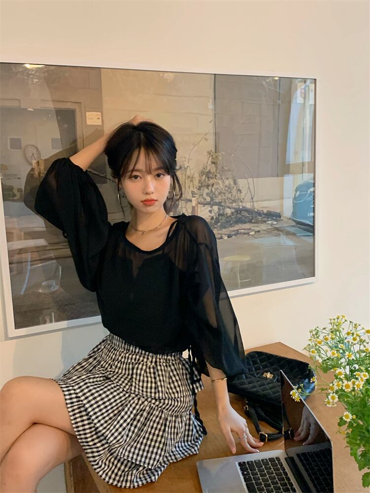格子柄スカート 薄手ハイウェストウェストAラインショートサマースタイル 夏物 ブラックストロベリース24971520851