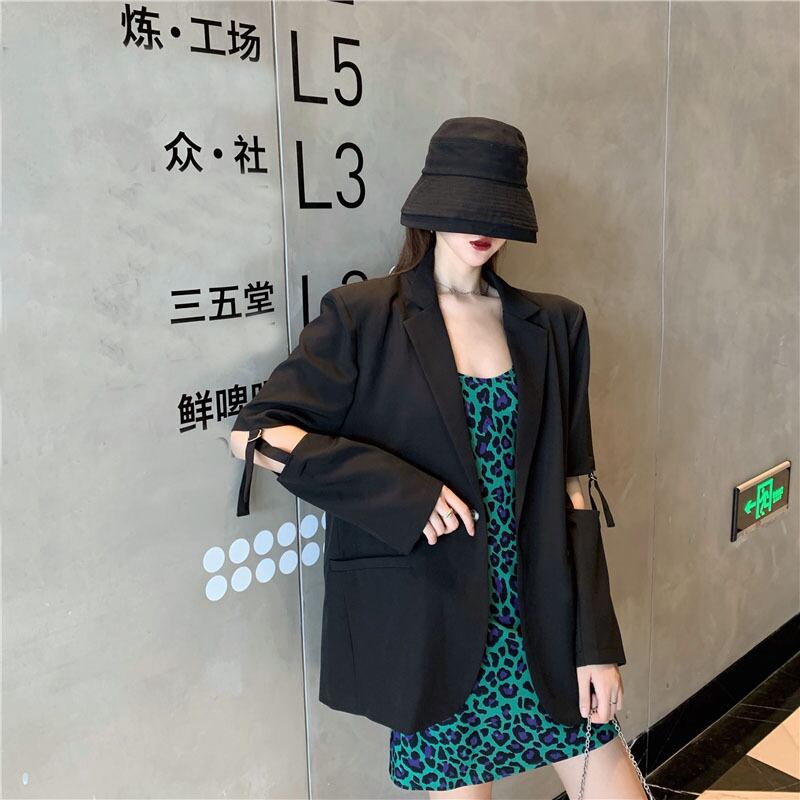 ショルダーパッドブラックシンカジュアルスモールスーツジャケットレディースサマーミドル丈フライドストリートスーツジャケット新2020 ブラックストロベリース77385231823