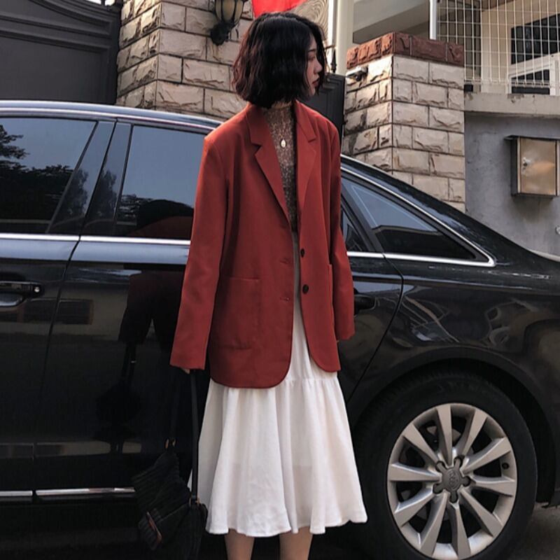 スプリングプリーツスカート Aラインロングルーズレッドジャケット トップス 春物 YY-ファッション10671171370