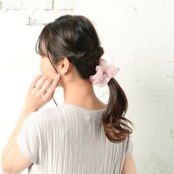 オーガンジー ストライプシュシュ 2色セット(ブラウン/ピンク)