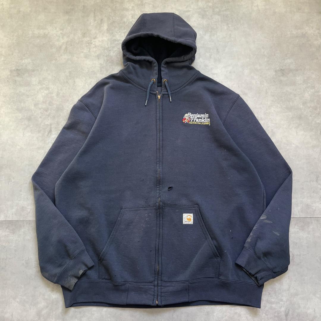 カーハート ジップパーカー アクティブ 企業ロゴ 古着 XL 紺 17746