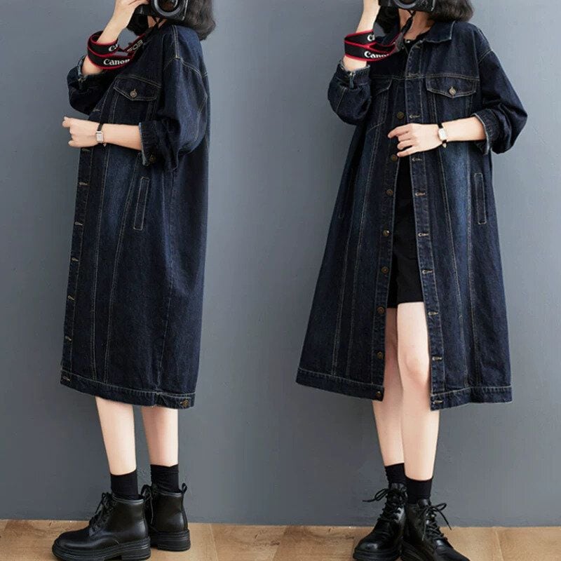 DARK BLUE MIDI DENIM DRESS JACKET COAT 1color M-15996