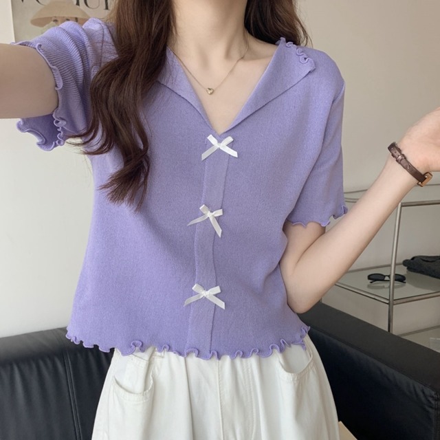 トップス レディース カーディガン風 ニットソー ワンサイズ 半袖 カットソー リボン メロウ 開襟 半袖 レトロ  きれいめ かわいい 大人可愛い Vネック カジュアル クロップ丈 フェミニン 清楚 ラフ ガーリー キュート オフィス OL 通勤 通学 学生 お呼ばれ きちんと感 クール 休日 普段使い 着回し ファッション コーデ 10代 20代 30代 春 夏 秋 学校 プチプラ 海外 楽ちん ブラック ホワイト ピンク パープル 送料無料