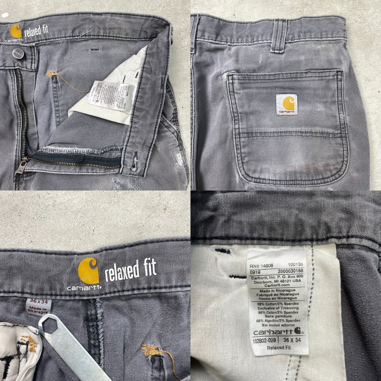 ま*さ様 カーハート ダブルニー ダック ワークパンツ グレー ボロ 36×34 ま*さ様 カーハート ダブルニー ダック ワークパンツ グレー ボロ 36