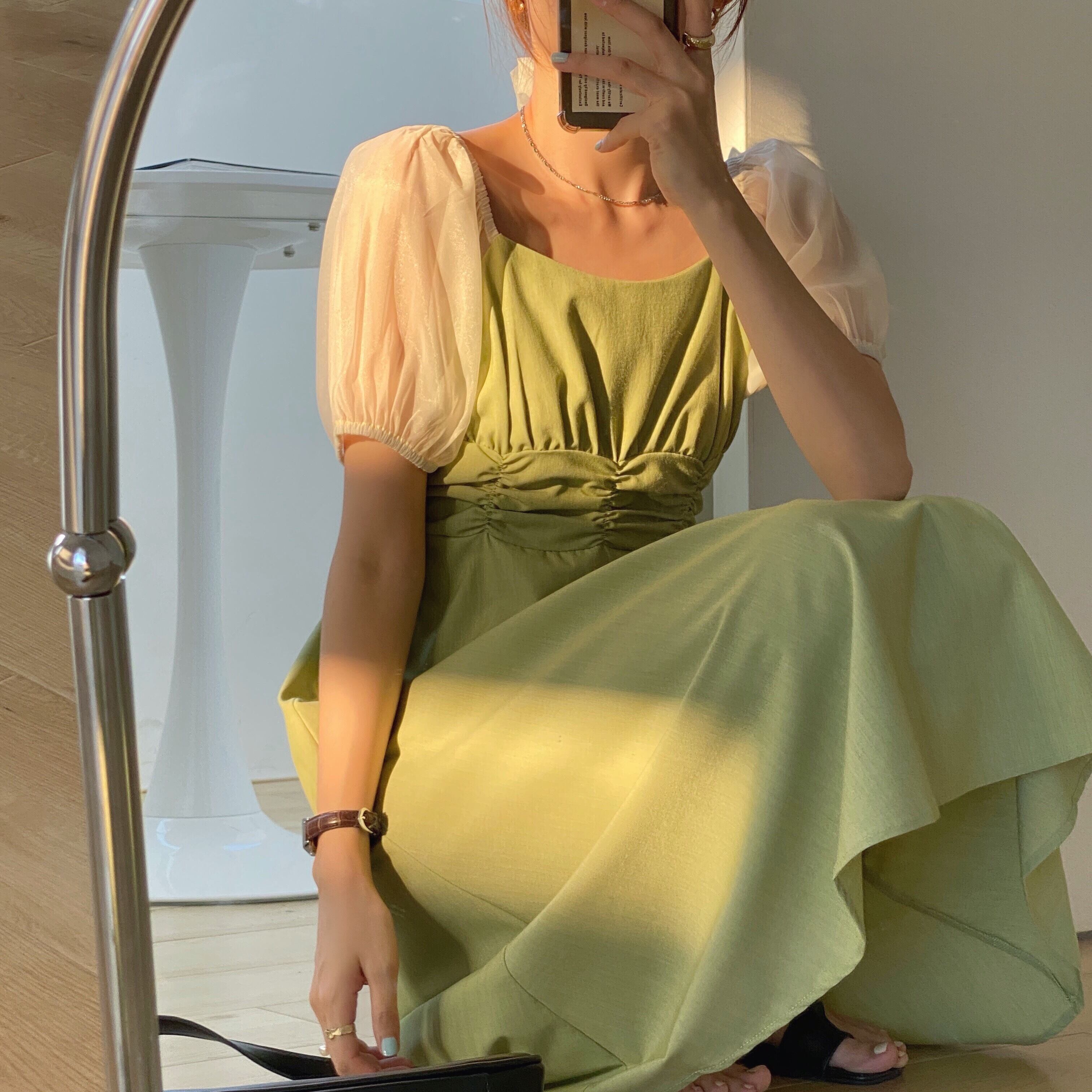 スタンダードメッシュスリーブウェストカラードレス レトロ スクウェア ステッチ ビッグFスモールZ韓国35389479412