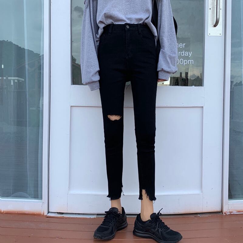 ブラッククロップドスプリングハイウェストジーンズ スリムレギンス 春物 スーパーモール19517053232