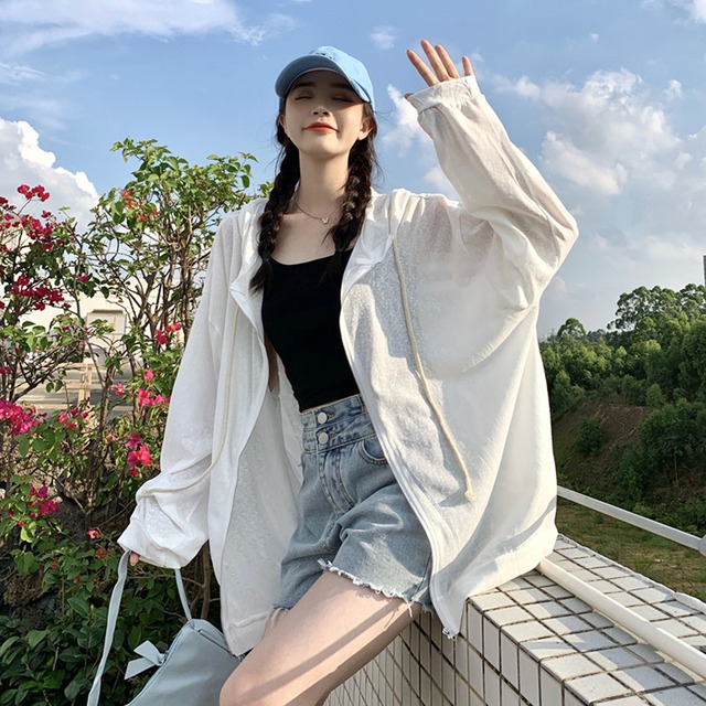ホワイトフード薄手サマーカーディガンジャケット トップス 夏物 試着室49343645697