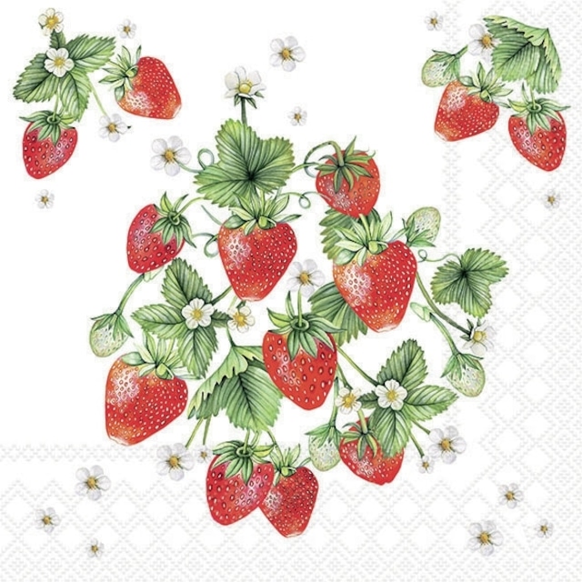 2024春夏【Ambiente】バラ売り2枚 カクテルサイズ ペーパーナプキン Bunch of strawberries ホワイト