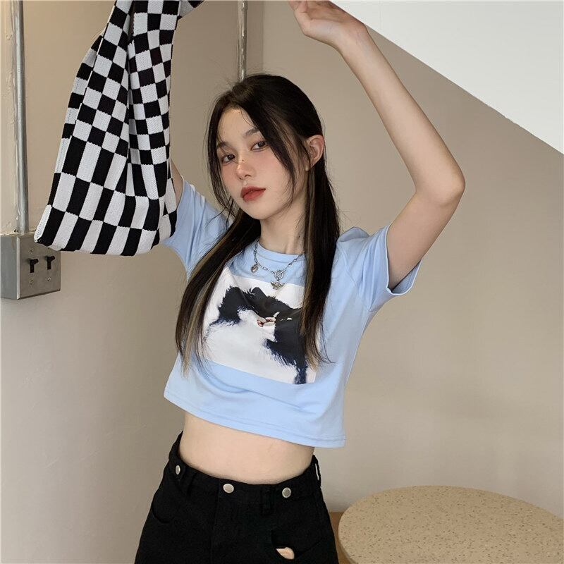 ショートプリントラウンドネック半袖スリーブTシャツ トップス サマー ハーフスリーブ 夏物 Oネック ドラファッションホール65922315343