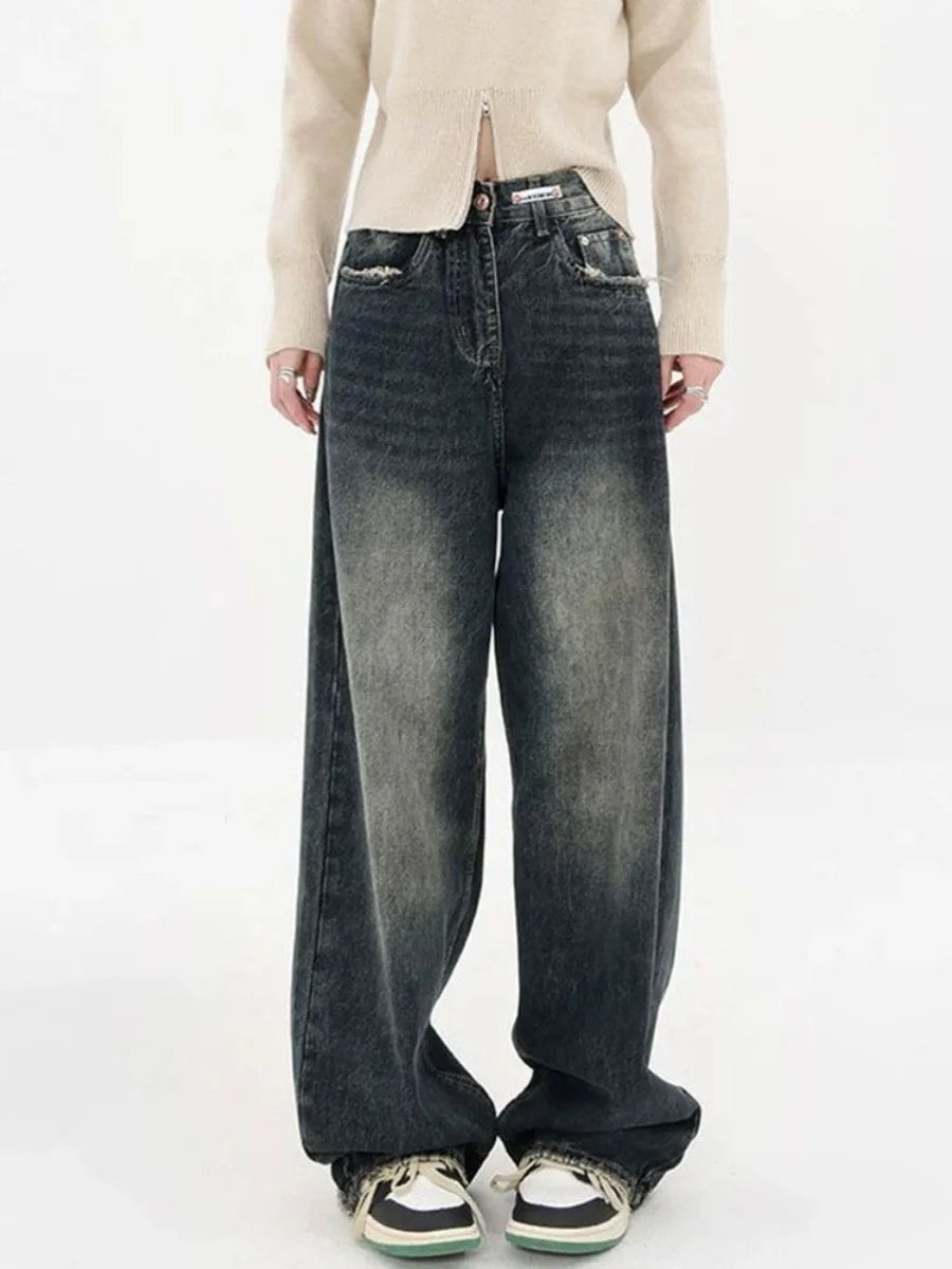 ハイウエストゴムウエストデニムジーンズ レディース 春秋 プラスサイズ 着痩せ ストレートレッグ ルーズ ハイストリート ワイドレッグパンツ