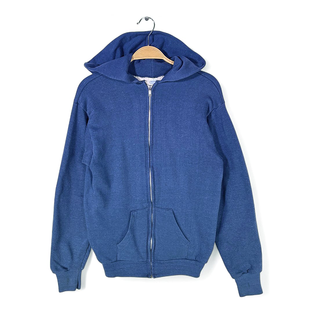 80s ヘルスニット USA製 ヴィンテージスウェットパーカー 裏地サーマル ジップアップパーカー ネイビー HEALTHKNIT メンズM 古着 @CG0465