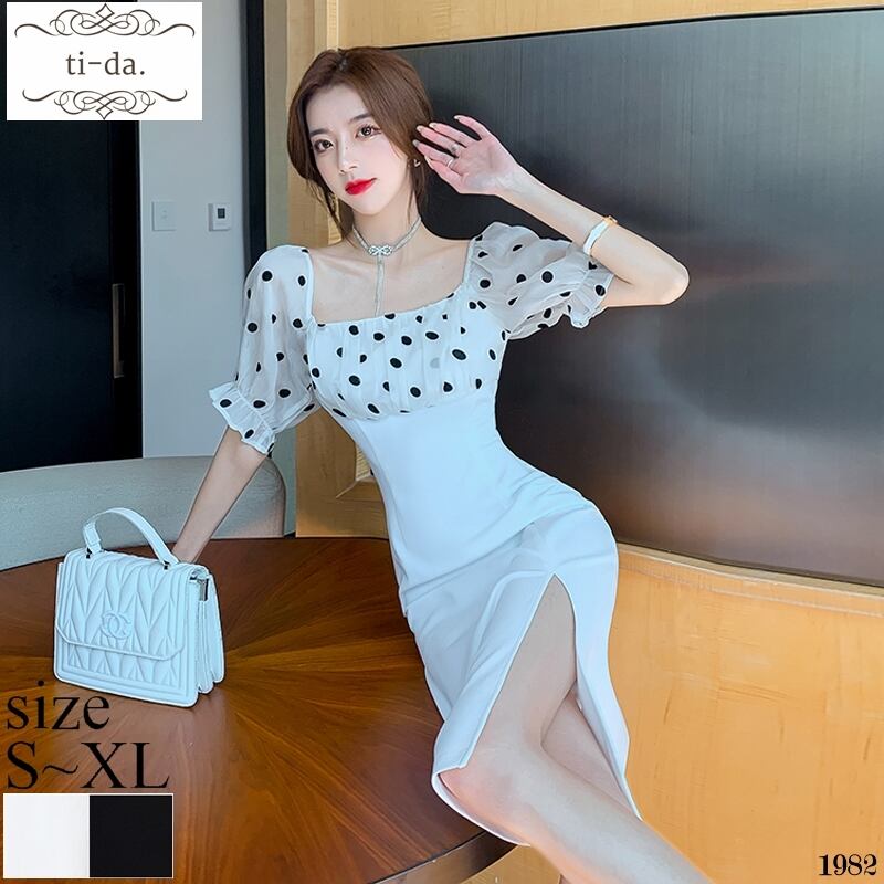 No 19 韓国ワンピース きれいめワンピース 大人可愛いワンピース タイトワンピース ドットワンピース スリットワンピース オフショルダーワンピース パーティードレス キャバドレス 2way 5分袖 ２color レディース Ti Da 韓国ワンピース専門店