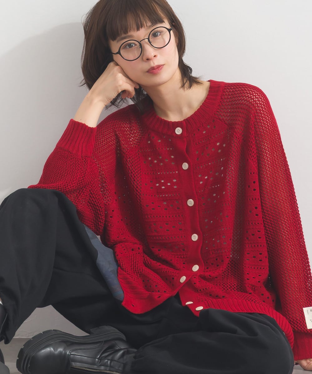 B261068 コットンライクアクリル前後2WAY透かし柄カーディガン
